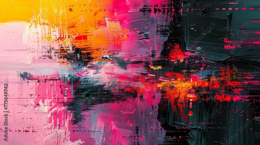 A painting with a lot of colors and splatters. The colors are bright and bold, and the splatters give the painting a sense of movement and energy