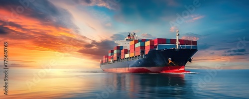 Container ship sailing in ocean. Cargo ship oncept. banner
