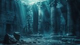 A dark, gloomy, and mysterious underwater scene with a few pillars and a rock. Scene is eerie and unsettling