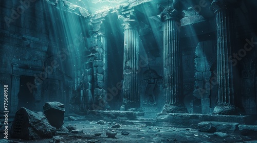 A dark, gloomy, and mysterious underwater scene with a few pillars and a rock. Scene is eerie and unsettling