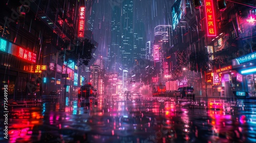 A neon city street with a lot of neon signs and rain. The neon lights are bright and colorful, creating a vibrant and energetic atmosphere. The rain adds a sense of movement