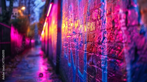 A wall with graffiti on it and a neon light in the background