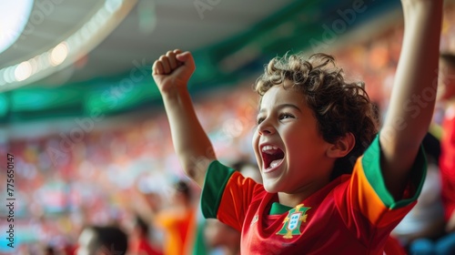A fan wearing a hat joyfully shouts and waves the Portuguese flag in the stadium among the entertained crowd during the event. AIG41
