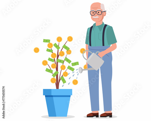 retire men grow tree collect coins and banknotes for financial security seniors planning budget vector illustration.