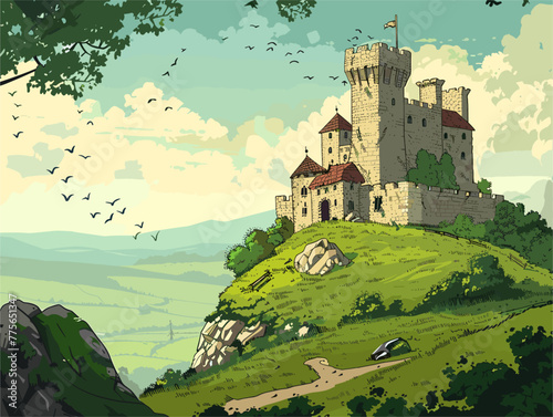 white background, A hilltop castle with sweeping views, in the style of animated illustrations, background, text-based