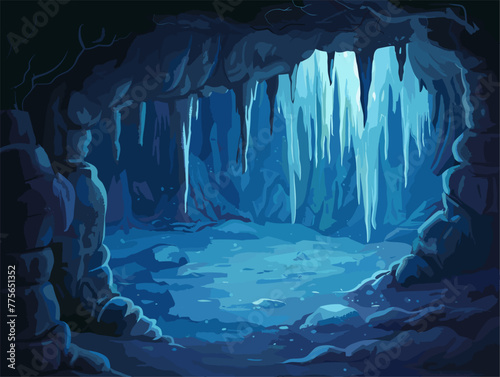 background, A mysterious cave entrance with stalactites hanging from the ceiling, in the style of animated illustrations, background, text-based