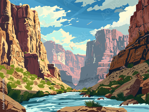 background, A rugged wilderness with towering red rock formations, in the style of animated illustrations, background, text-based
