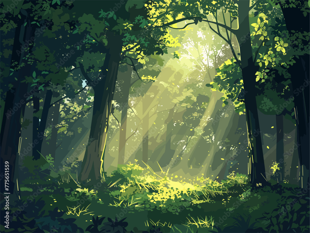 background, A serene forest with tall trees and sunlight filtering through the leaves, in the style of animated illustrations, background, text-based