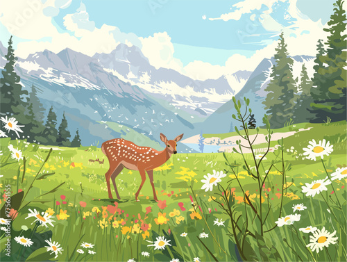 background, A serene alpine meadow with grazing deer and wildflowers, in the style of animated illustrations, background, text-based