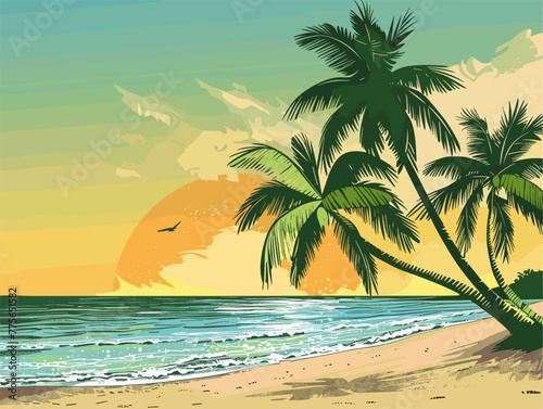 background, A sandy beach with palm trees swaying in the breeze, in the style of animated illustrations, background, text-based © Nadula