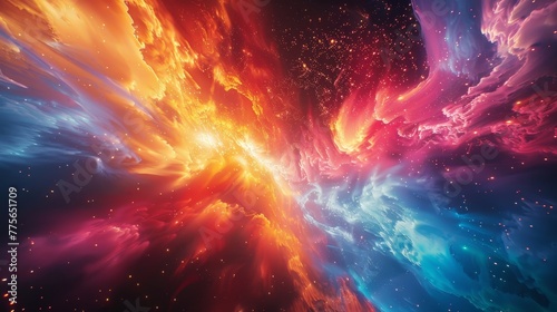 A colorful space scene with a red and orange cloud in the middle. The rest of the image is filled with blue and purple clouds