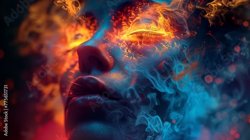 A woman's face is painted with fire and smoke, giving it a surreal and otherworldly appearance