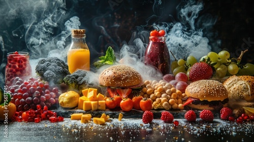 Vivid tableau of acidic foods to avoid, with each item dramatically lit against a dark background, highlighting the danger to GERD sufferers
