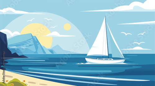 Sailboat against a beautiful landscape flat vector