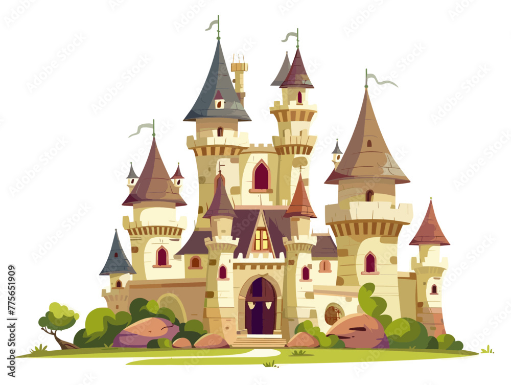 white background, A hilltop castle with sweeping views, in the style of animated illustrations, background, text-based