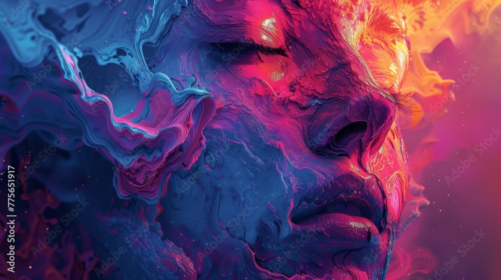 A colorful painting of a woman's face with a blue and purple background. The painting is abstract and has a dreamy, surreal feel to it
