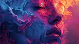 A colorful painting of a woman's face with a blue and purple background. The painting is abstract and has a dreamy, surreal feel to it