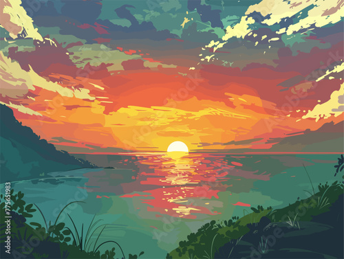 background, A breathtaking sunrise over a tranquil landscape, in the style of animated illustrations, background, text-based