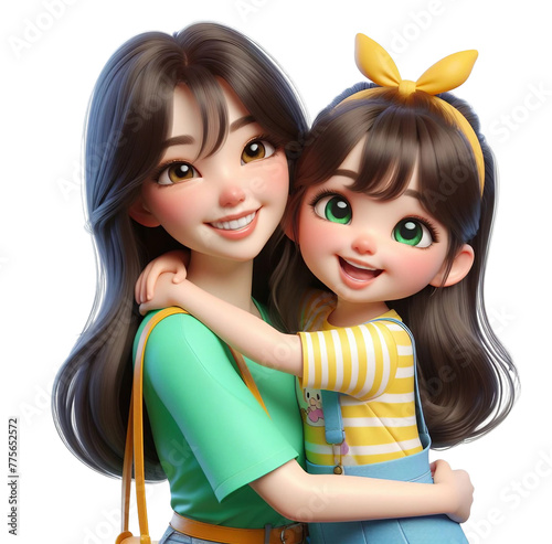 A Gleeful Child in Fashionable Colors Shares a Warm Hug with Her Mom or Sister - Captured in a 3D Render Isolated on Transparent © Rubel
