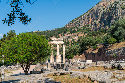 Delphi, Greece. Tholos of Athena Pronaia. Ruins of an ancient city. Summer day