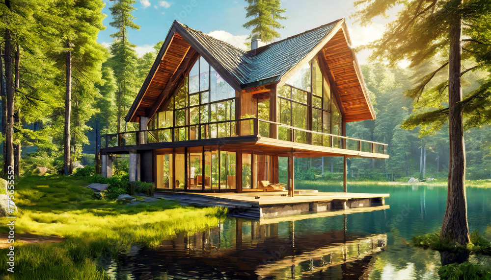Beautiful wooden forest house (chalet) with large windows during day, surrounded by trees and a lake in a green forest. Generative Ai.