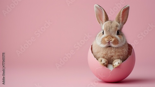 Cute Easter bunny hatching from pink Easter egg isolated on pastel pink background with copy space, Happy Easter banner with adorable rabbit