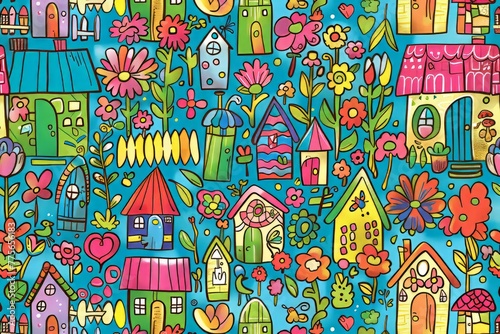Cartoon cute doodles of a charming cottage garden pattern filled with colorful cottages, fences, and blooming gardens, Generative AI