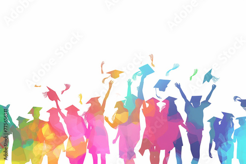 multicolored silhouettes of graduates who throw hats on a white background, graphics