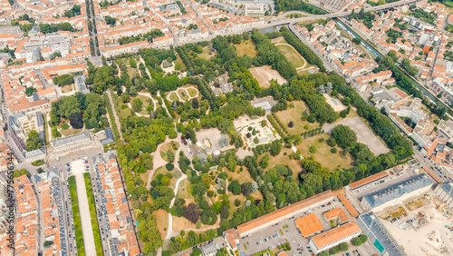 Nancy, France. Pepinier Park - Forest park with walking paths, rose garden, playgrounds and sports grounds. Summer, Sunny day, Aerial View