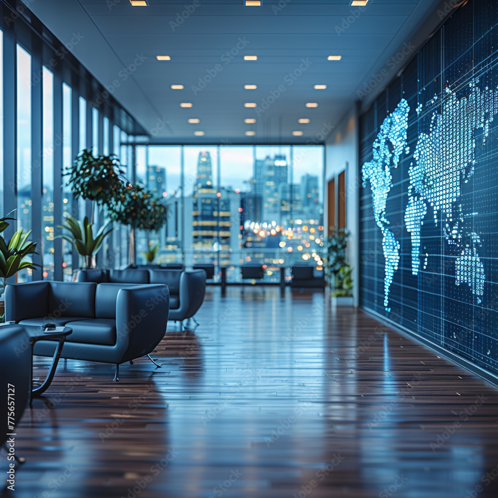 Modern white empty office with world map on wall. Digital technology ...
