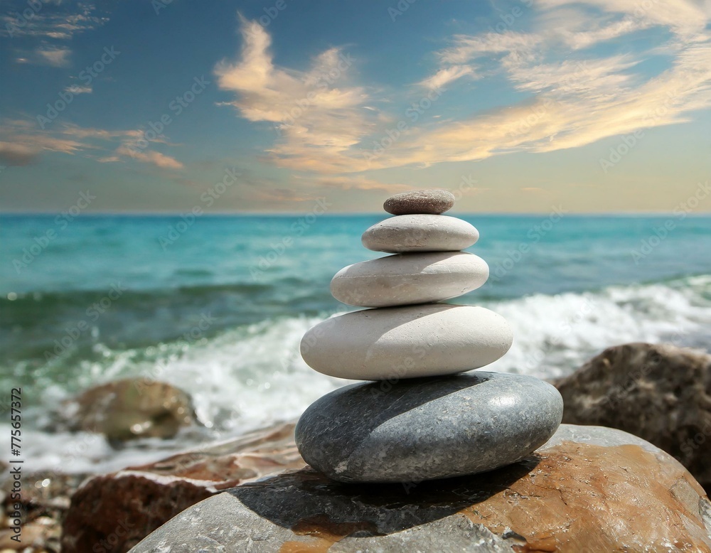 Fototapeta premium Shoreline Harmony: Sea Stones Resting Amidst a Picture-Perfect Sea Landscape