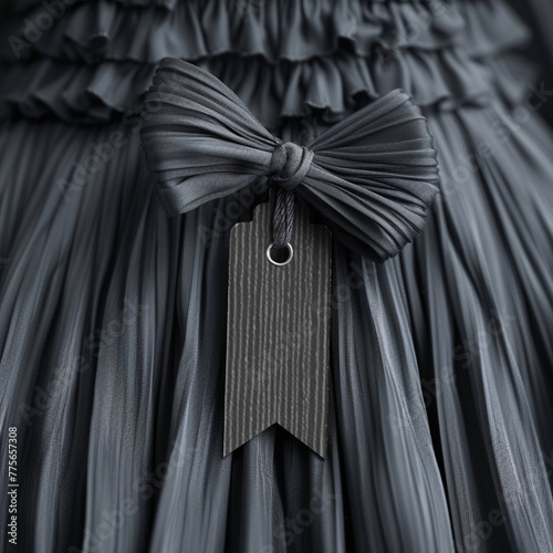 Blue Tag on black dress. Cloth label tag blank mockup