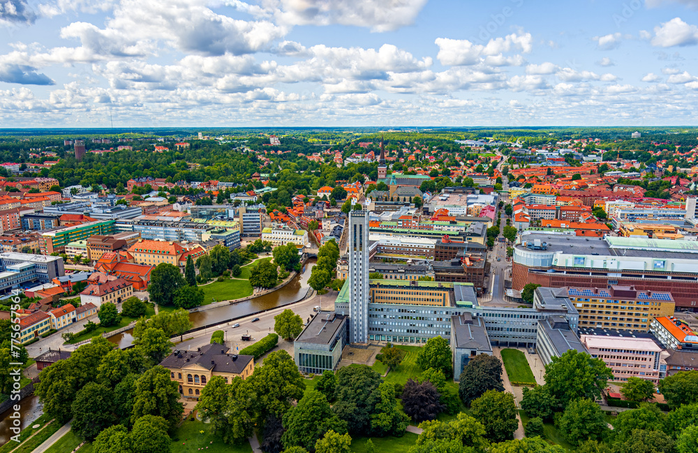Vasteras, Sweden. City Hall. Panorama of the city in summer in cloudy weather. Aerial view