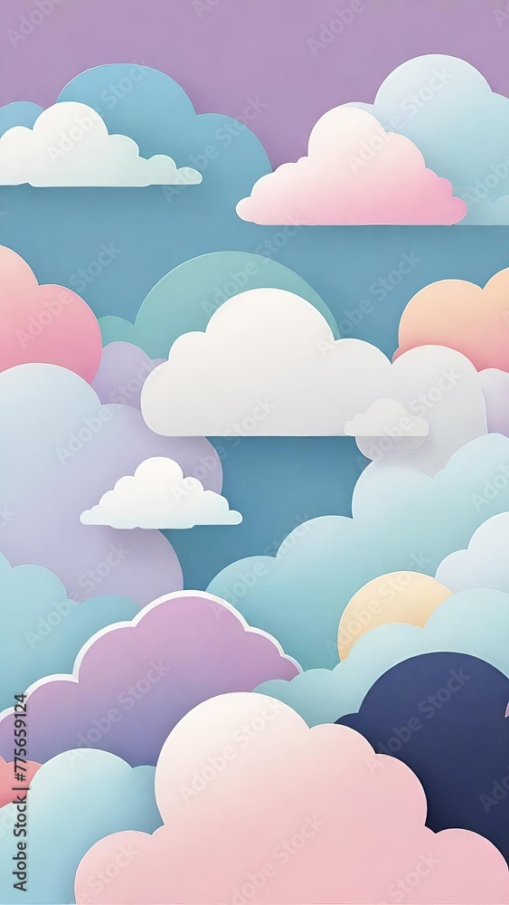 ethereal and dreamy skyscapes, with clouds painted in vibrant pastels of pink, blue, and purple, reminiscent of cotton candy