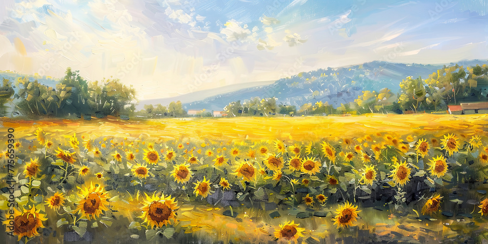 Beautiful sunflower field oil painting.  Summer banner.