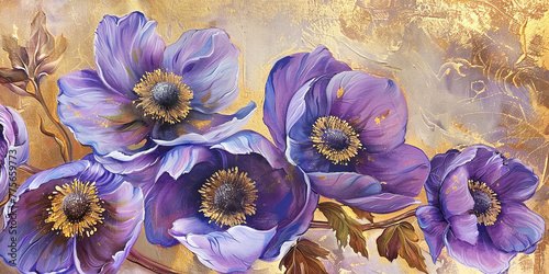 Purple anemone blossom on gold background oil painting. Banner with beautiful spring flower.