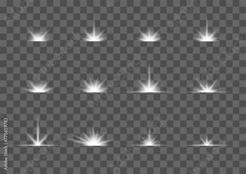 Shine glowing stars. Flash lights on transparent background. Glow sparkle effect. Abstract lens flare ignition. Flashing lights. Sun starlight and shiny lens rays set