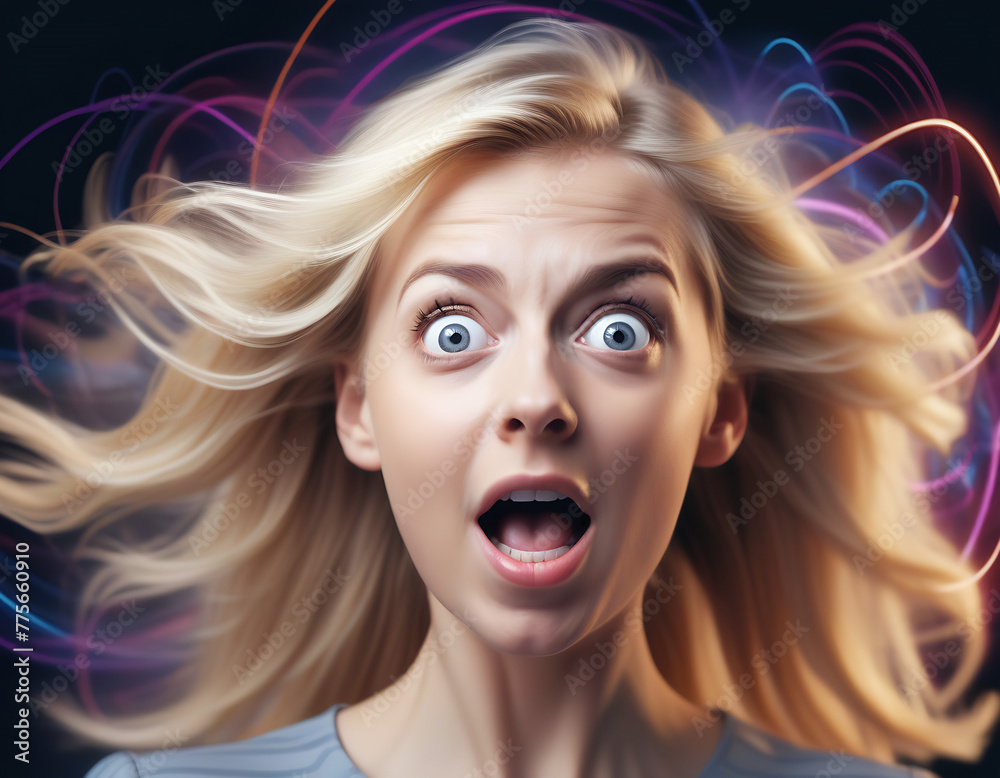 Studio portrait of blonde woman looking overly excited and surprised,