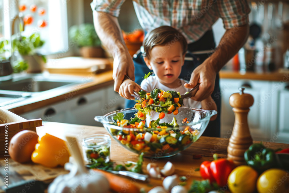 Cheerful parent and toddler tossing a vibrant salad together in a bright home kitchen