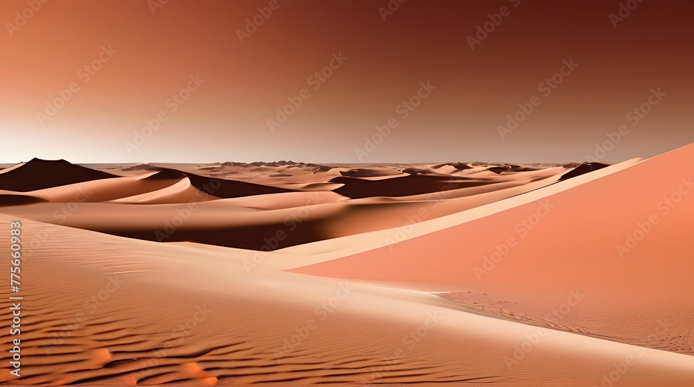 Naklejka premium Sahara sunset casting warm hues over desert dunes and distant horizons, blending orange with the azure sky
