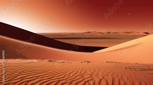 Sahara sunset casting warm hues over desert dunes and distant horizons  blending orange with the azure sky