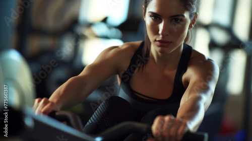Athletic woman using rowing machine at gym