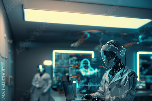 futur : médecin androïde, robot humanoïde avec un stéthoscope  branché à son casque, une blouse blanche et un masque chirurgical travaillant sur un ordinateur pour établir un diagnostique photo