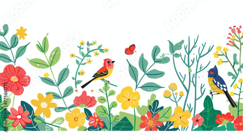 Spring and flowers background with birds and leaves