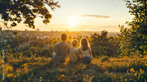 Happy family sitting on the meadow and looking at the sunset.