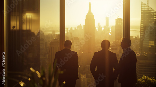 Businessmen contemplating cityscape at sunset