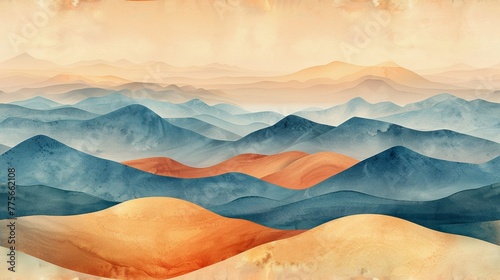 Endless horizon of watercolor dunes, evoking a tranquil desert