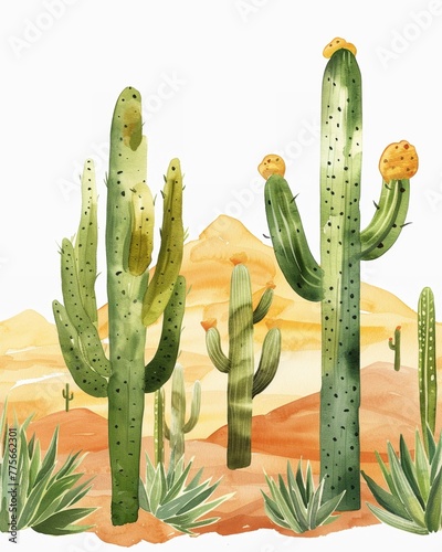 Minimalist watercolor cacti, dotting an endless desert landscape photo