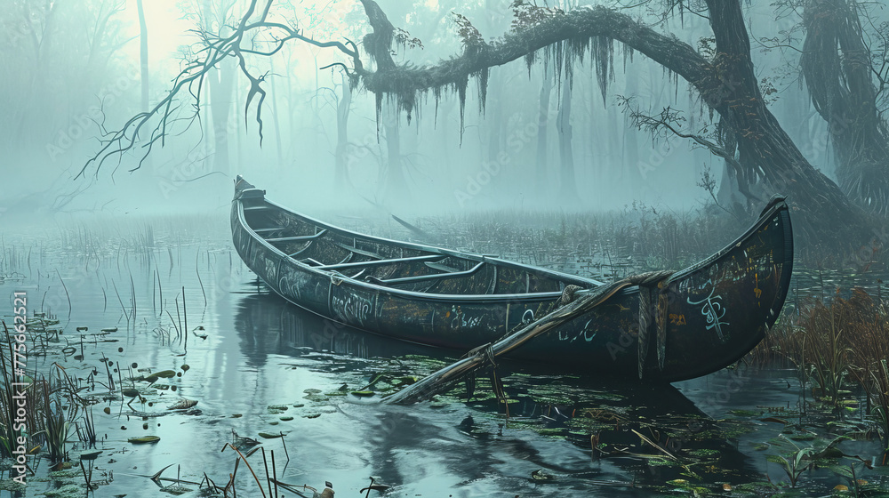 Lonely boat sails through a dark and eerie landscape surrounded by Lonely boat sails through a dark and eerie landscape surrounded by