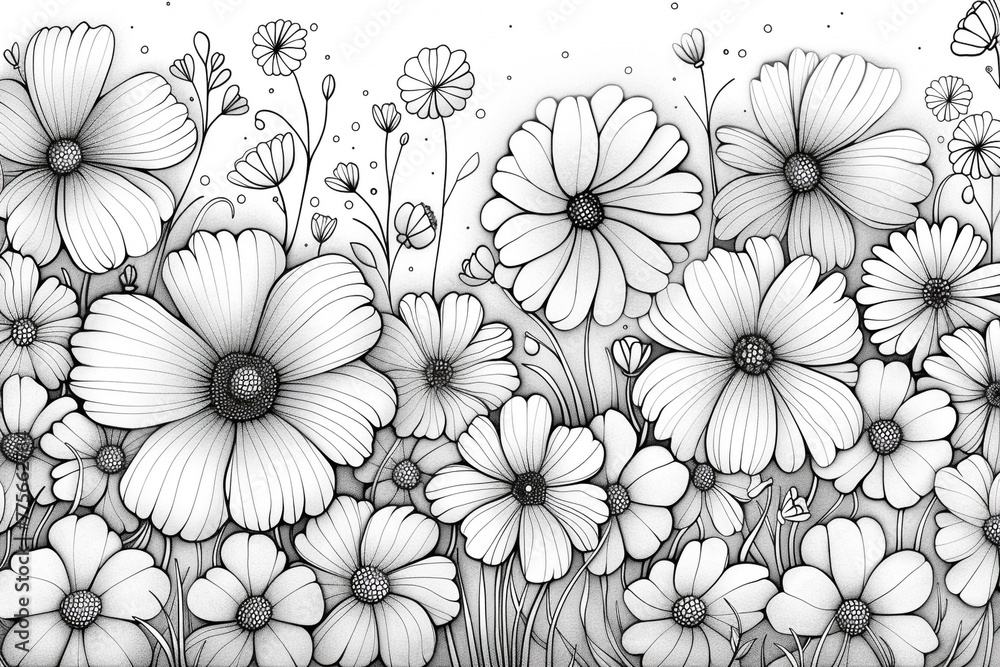 Zen tangle flowers in black and white for coloring book. Hand Drawn Flowers of coloring page in Monochrome Isolated in white background.